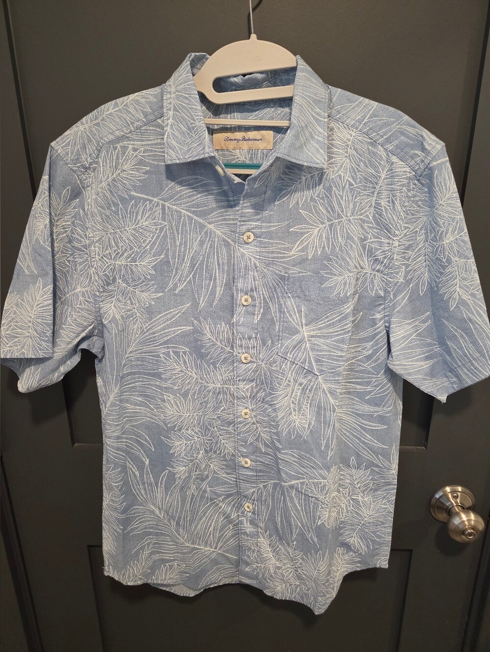 Tommy Bahama Mens Light Blue White Leaf-Print Short Sleeve Button Shirt